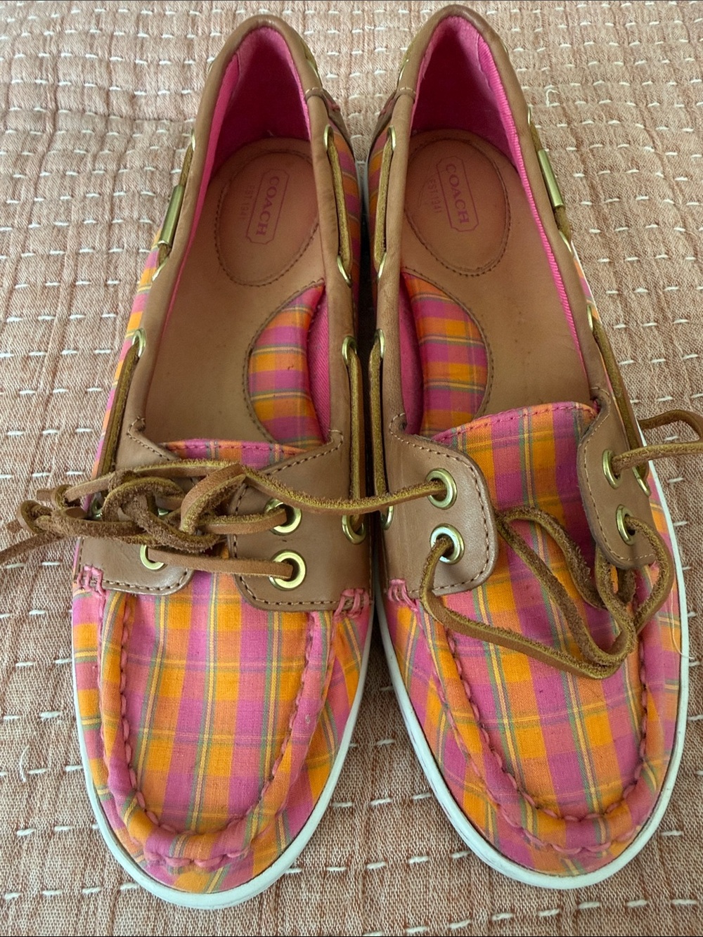 Coach Pink & Orange Plaid Moccasins with Tan Trim